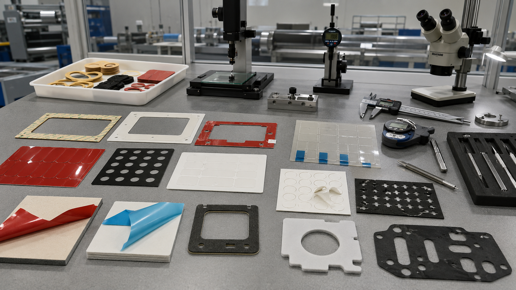 Clean factory inspection scene showing adhesive tape die cut parts including double-sided tape frames, acrylic foam tape parts, PET-backed adhesive films, protective films with pull tabs, kiss-cut parts on release liner, laminated adhesive structures, foam tape gaskets, waste matrix samples and precision inspection tools