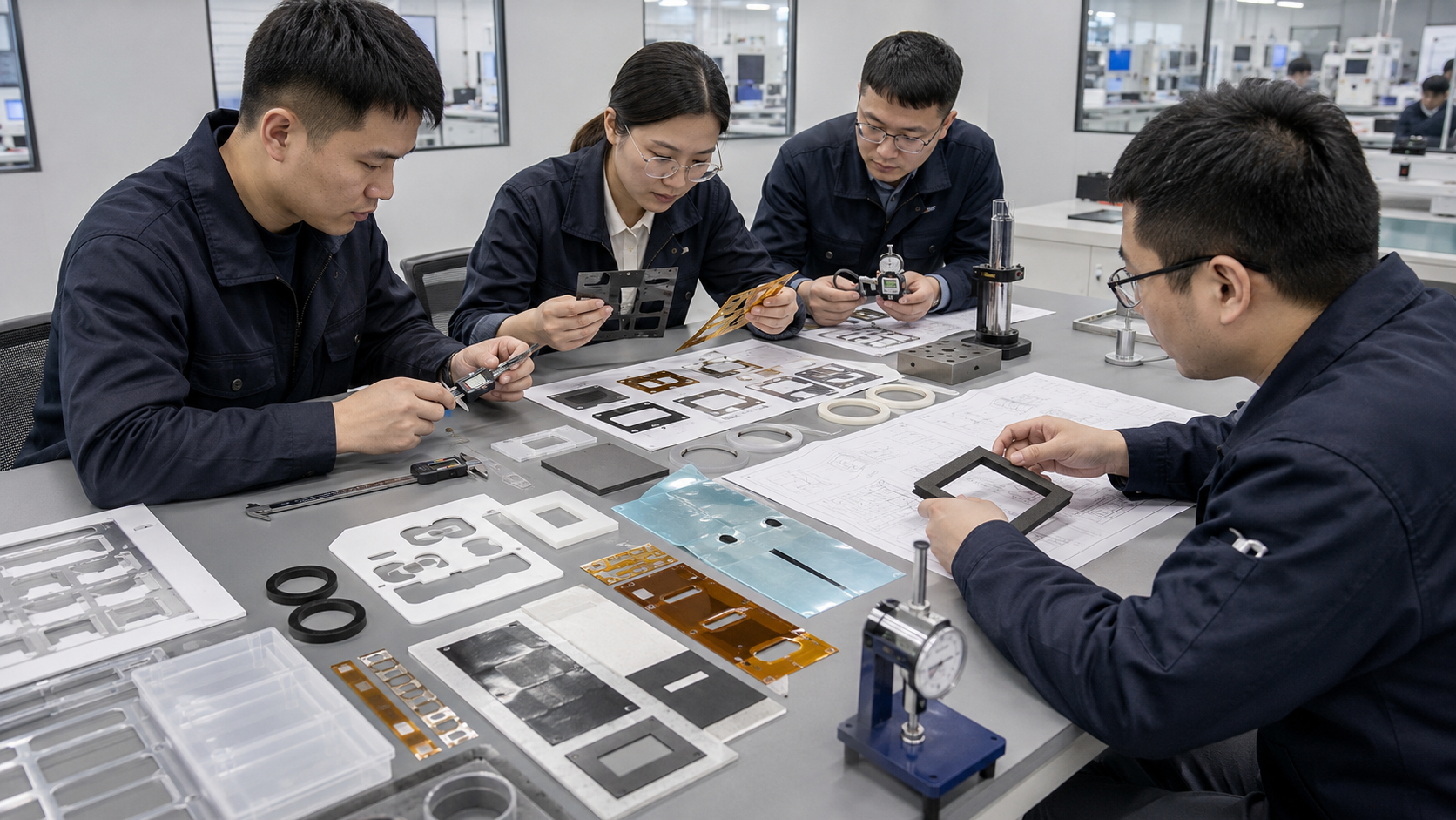 Realistic OEM engineering review scene showing engineers comparing laser cut and die cut samples of foam gaskets, rubber seals, PET films, PI films, adhesive tape frames, protective films and laminated materials with drawings, calipers, thickness gauges, peel testing tools, compression testing blocks and clean packaging trays
