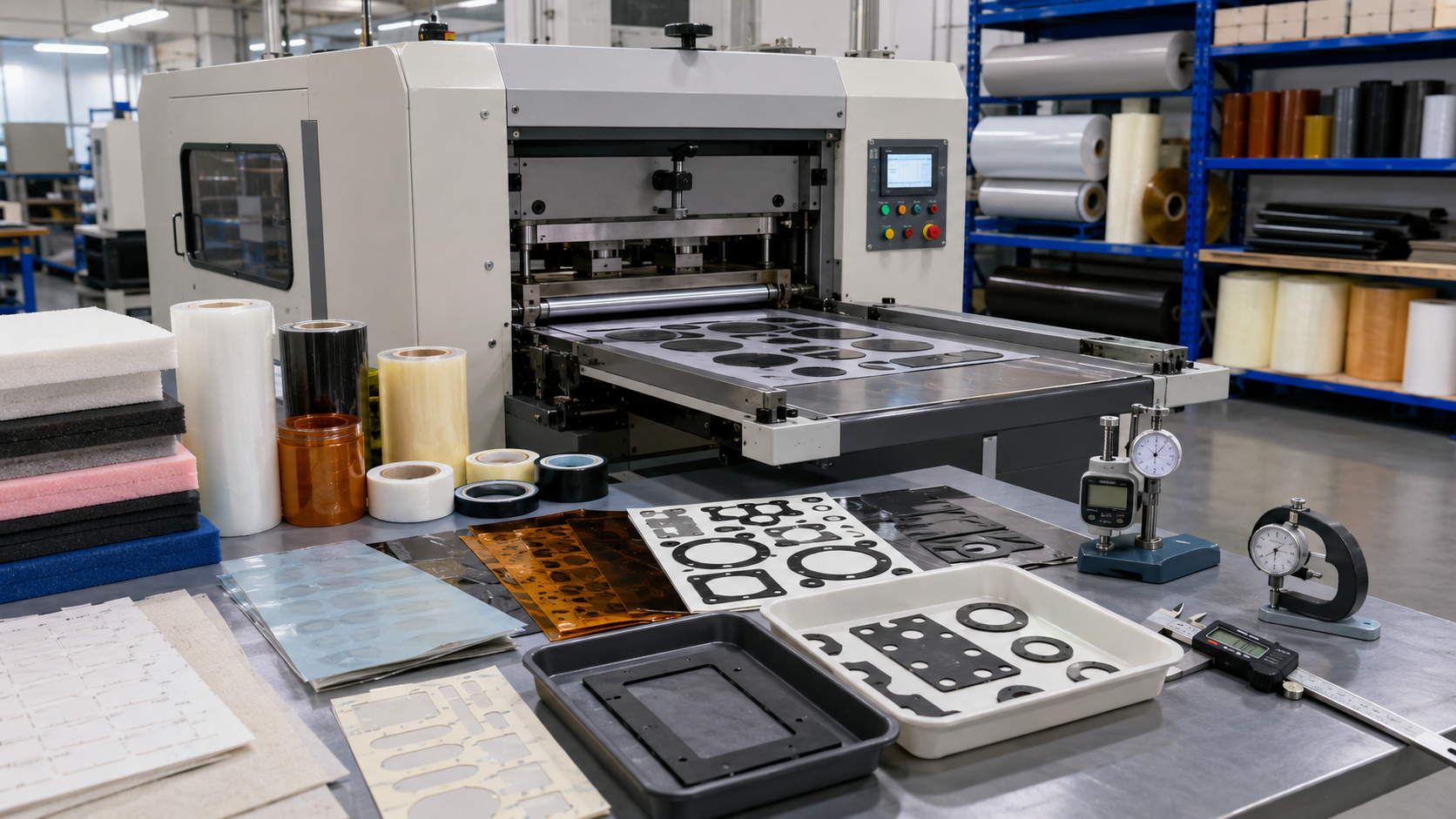 Realistic industrial die cutting machine production scene showing foam sheets, adhesive tape rolls, PET insulation films, PI insulation films, rubber sheets, non-woven felt materials, finished die cut gaskets, precision tooling, release liners, clean trays and inspection tools in a professional OEM factory environment