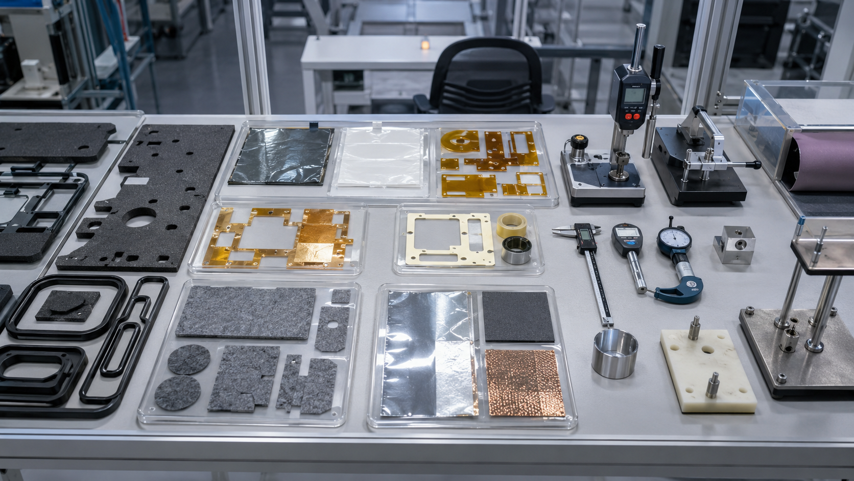 Clean automotive OEM inspection scene showing die cut foam gaskets, rubber seals, PET insulation films, PI battery insulation parts, adhesive tape frames, non-woven NVH pads, EMI shielding components and protective films organized in trays beside calipers, thickness gauges and assembly fixtures
