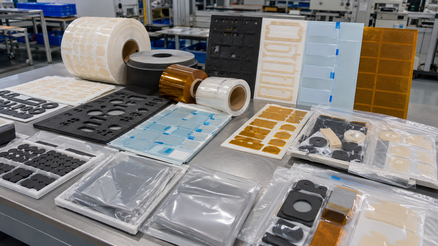 Professional factory workstation showing die cut parts supplied in sheets, rolls and kits, including kiss-cut adhesive tape parts on release liner, foam gaskets in sheets, protective films with pull tabs, rubber pads in trays, PET and PI insulation films and organized OEM packaging materials