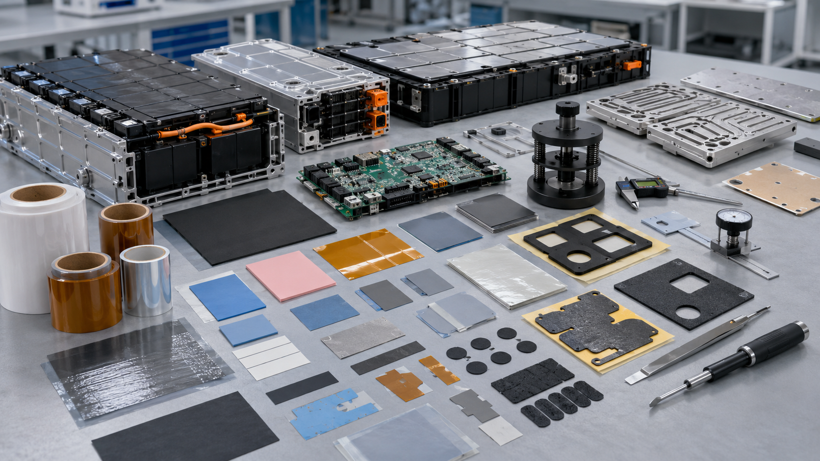 Die cut thermal management materials for EV battery packs