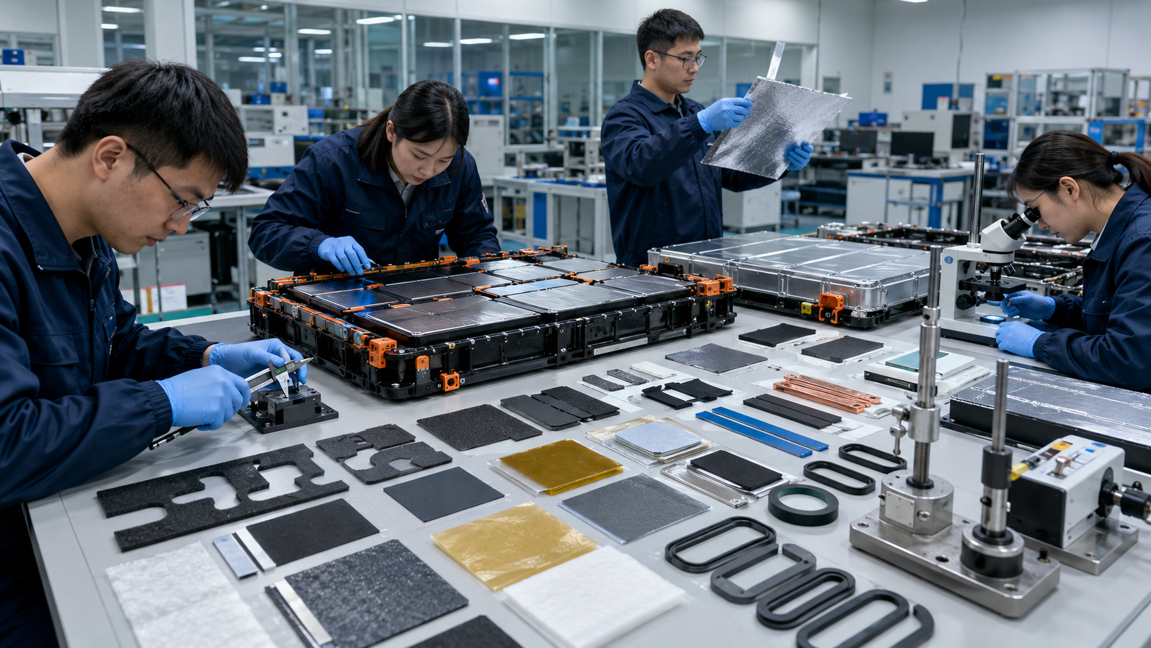 OEM engineering review of EV battery die cut foam film rubber tape and thermal materials