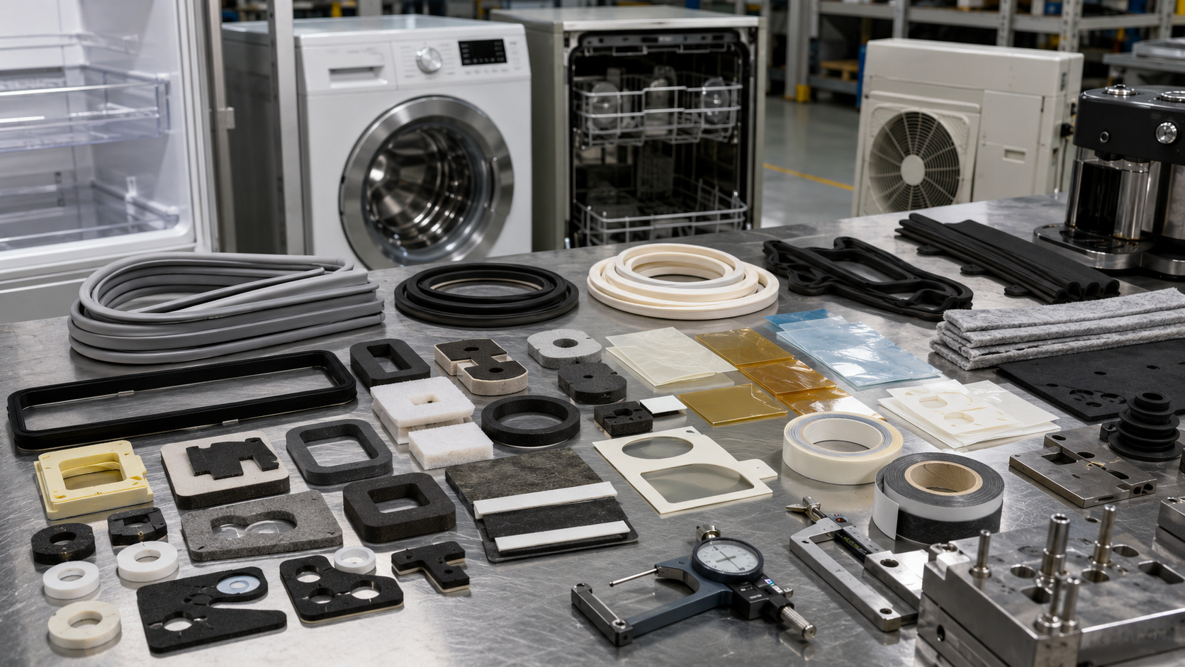 Die cut foam rubber and adhesive parts used in home appliances