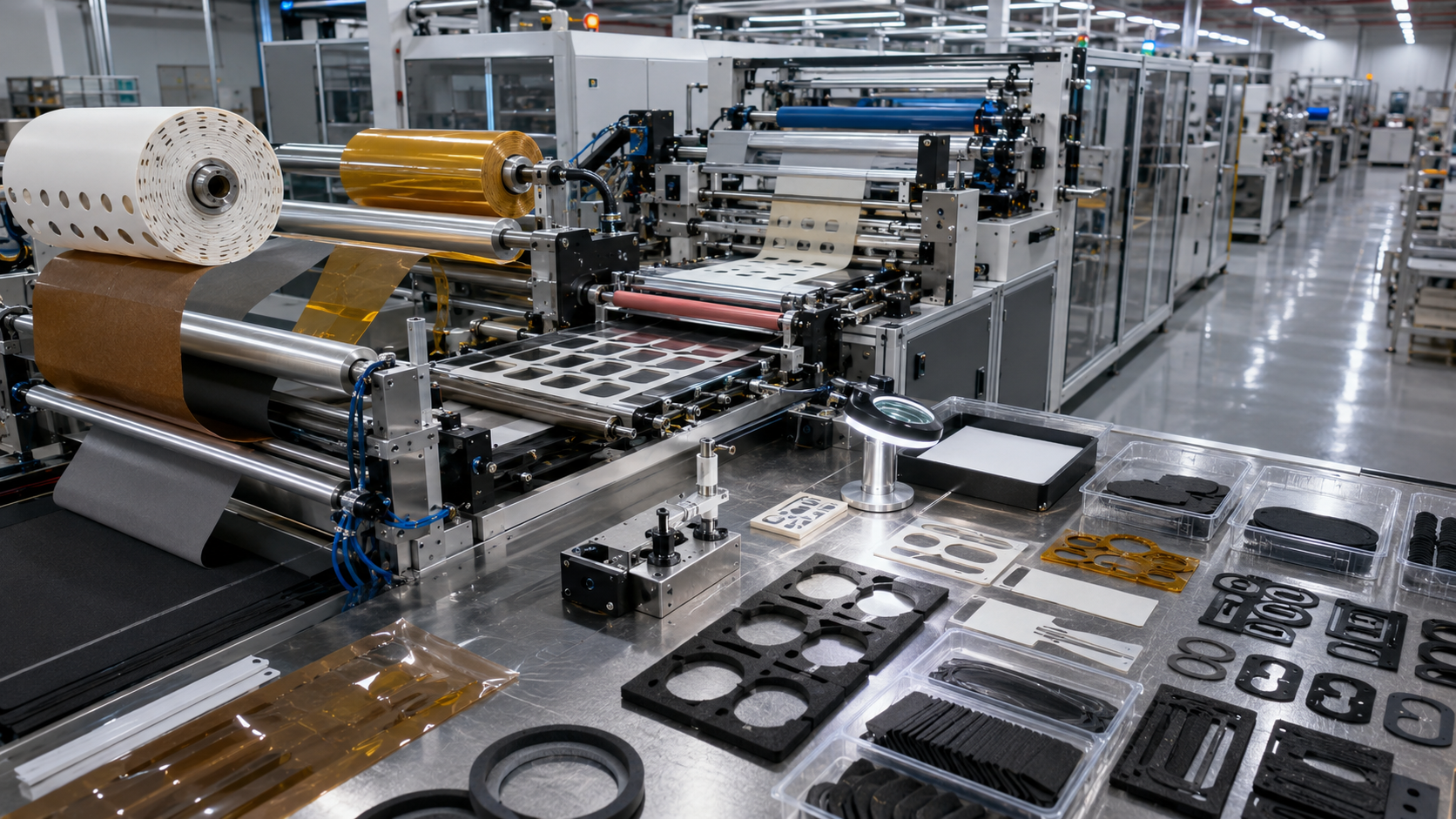 Realistic automated precision die cutting production line for automotive OEM parts showing roll-fed adhesive tape, foam sheets, PET insulation films, amber PI films, rubber gasket materials, rotary die cutting equipment, automated material feeding, clean trays, inspection tools and finished automotive die cut components in a clean factory environment