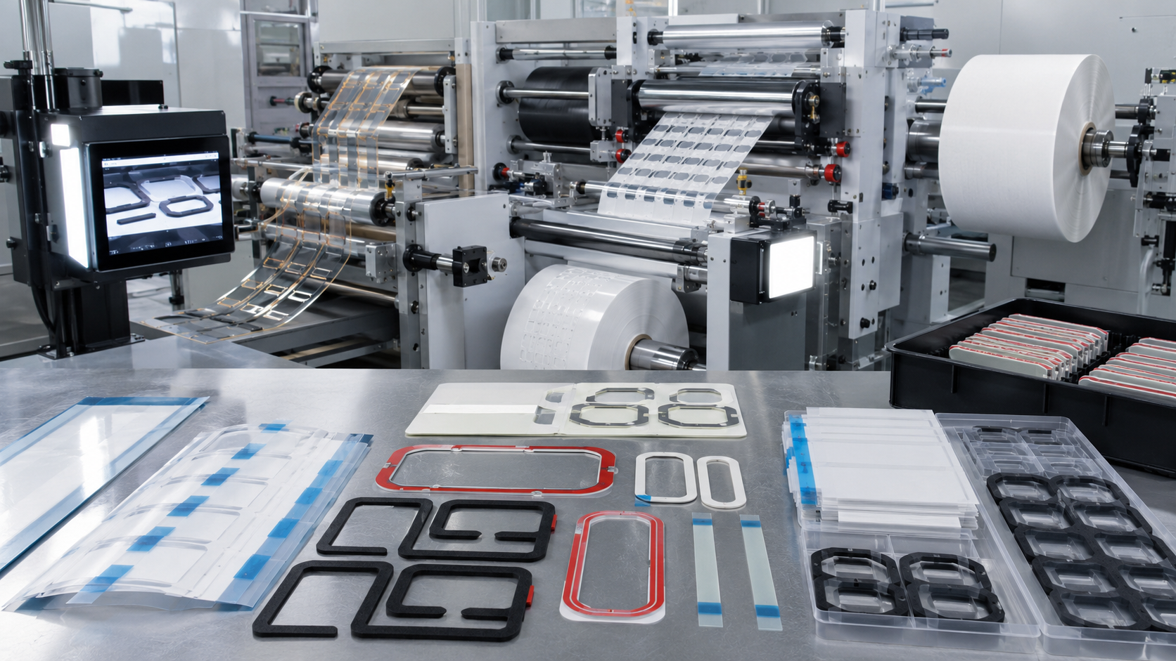 Clean automated adhesive tape converting scene showing roll-to-roll die cutting of double-sided tape frames, foam tape gaskets, PET-backed adhesive films, protective films with pull tabs, release liners, waste matrix removal, optical inspection equipment and organized automotive OEM parts