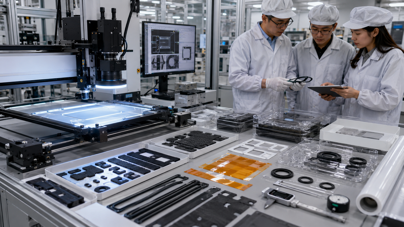 Automotive die cut parts quality inspection scene showing automated optical inspection of foam gaskets, rubber seals, PET insulation films, PI battery insulation parts, adhesive tape frames, non-woven NVH pads and protective films with calipers, thickness gauges, clean trays and packaging materials
