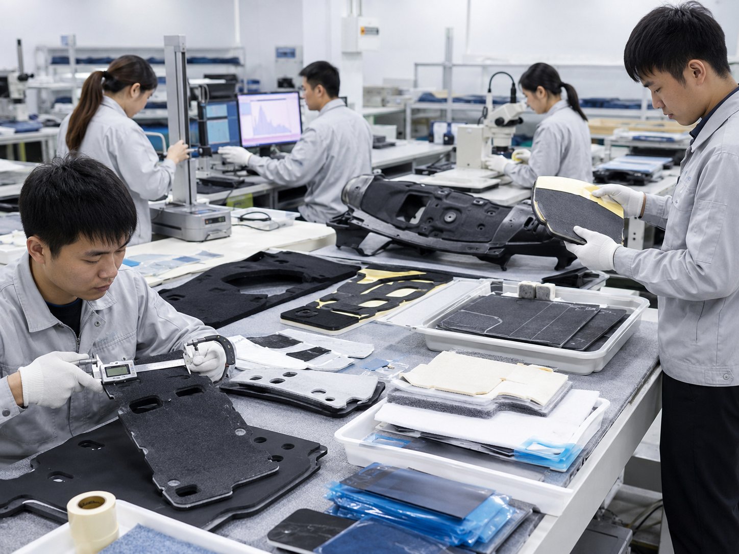Quality inspection of automotive NVH die cut foam felt rubber and adhesive components