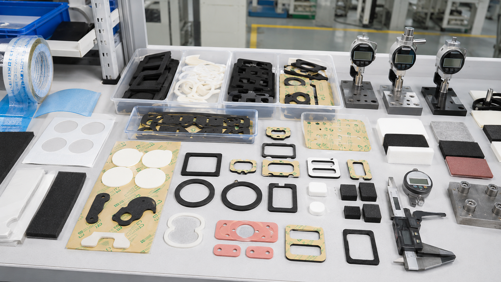 Realistic factory workbench showing adhesive foam die-cut gaskets for OEM sealing applications, including PE foam gaskets, EVA foam gaskets, PU foam pads, EPDM foam seals, double-sided adhesive backing, release liners, kiss-cut gasket sheets, clean trays, calipers, thickness gauges and inspection fixtures in a professional manufacturing environment