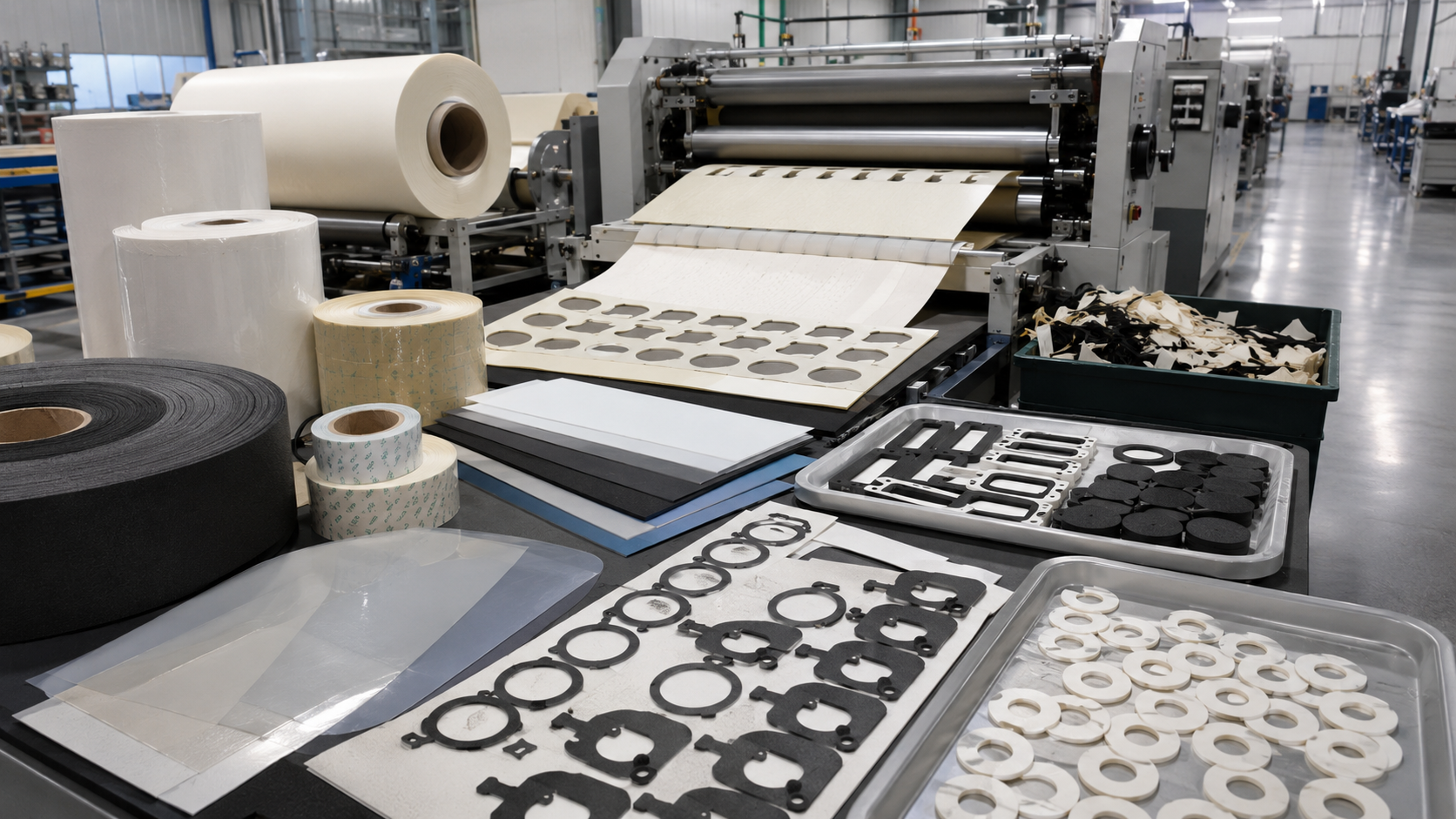 Clean factory lamination and adhesive foam converting scene showing foam rolls, double-sided adhesive tape, PET release liners, laminated foam sheets, adhesive-backed foam gasket materials, kiss-cut samples, pull-tab gasket designs, waste matrix removal and organized OEM production trays