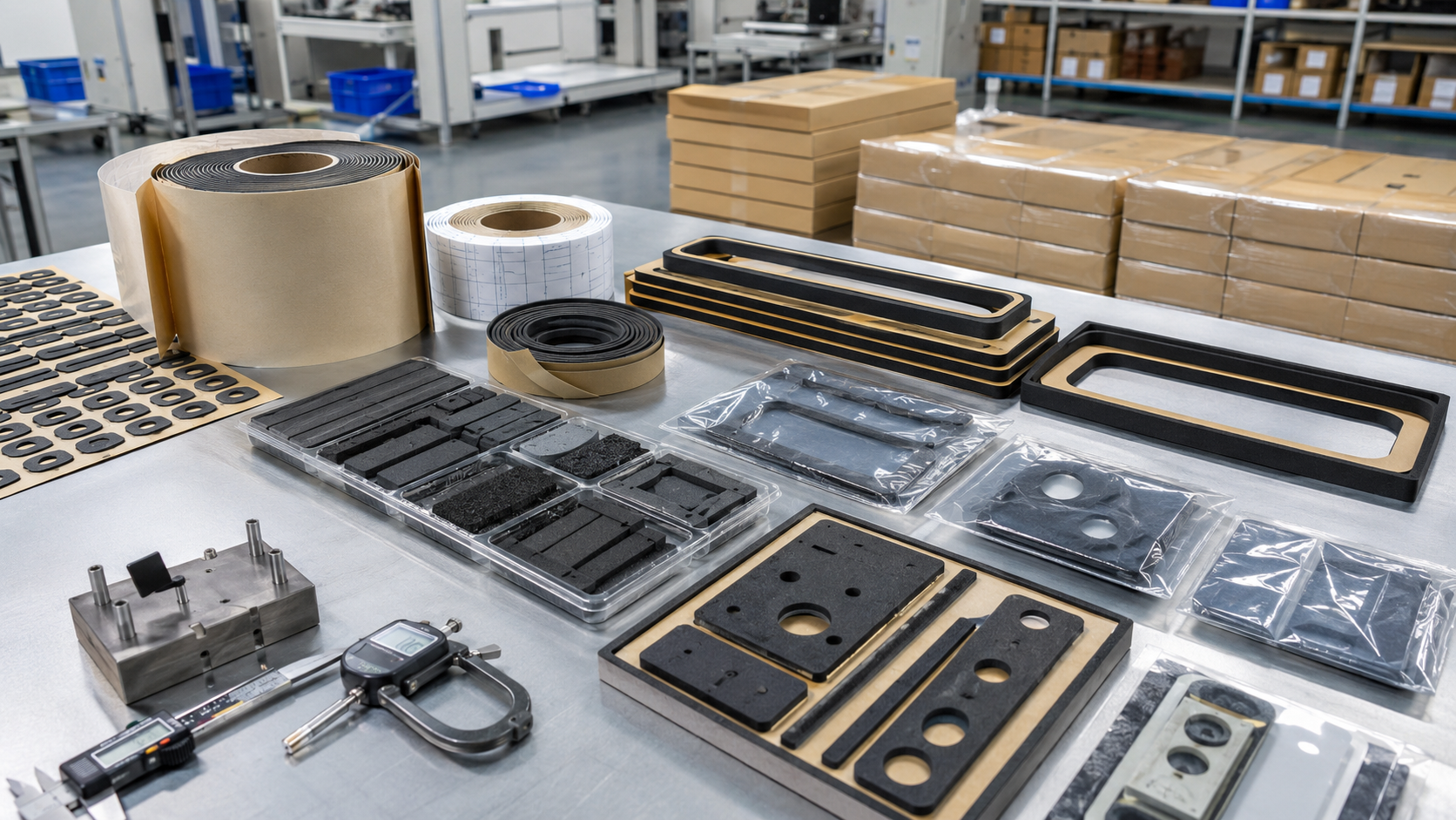 Professional OEM packaging scene showing adhesive foam die-cut gaskets supplied in sheets, rolls and kits, kiss-cut foam gaskets on release liner, pull-tab gasket designs, clean trays, protective bags, inspection labels without readable text, calipers, thickness gauges and organized production batches