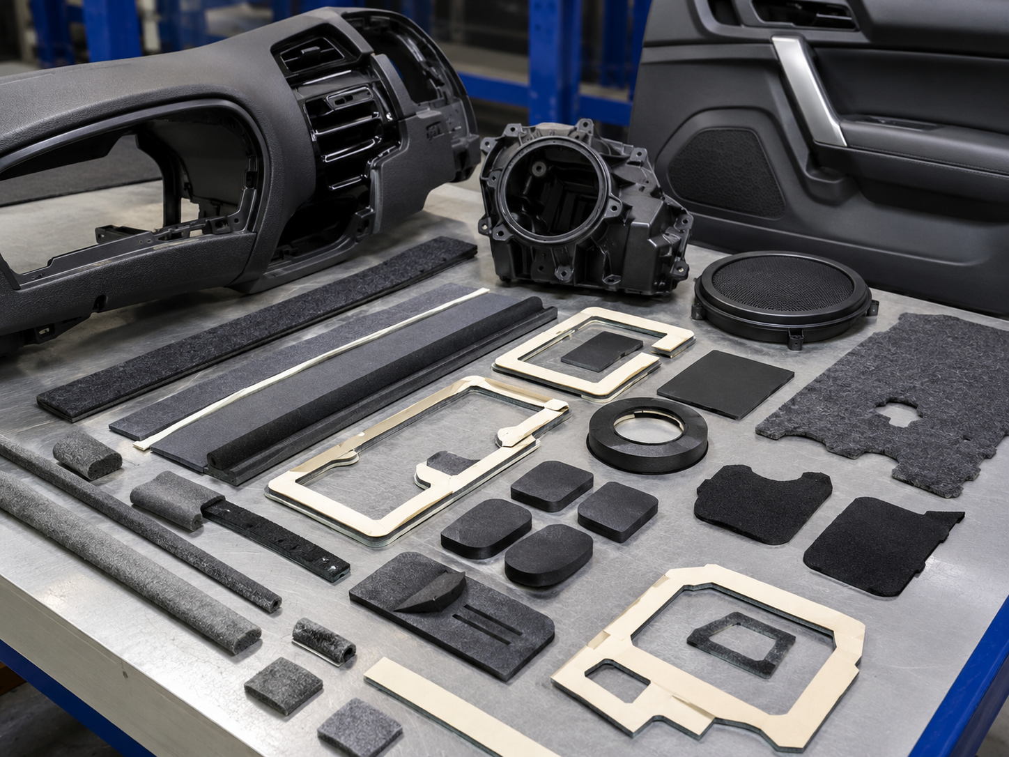 Die cut foam felt and rubber NVH materials for automotive interiors