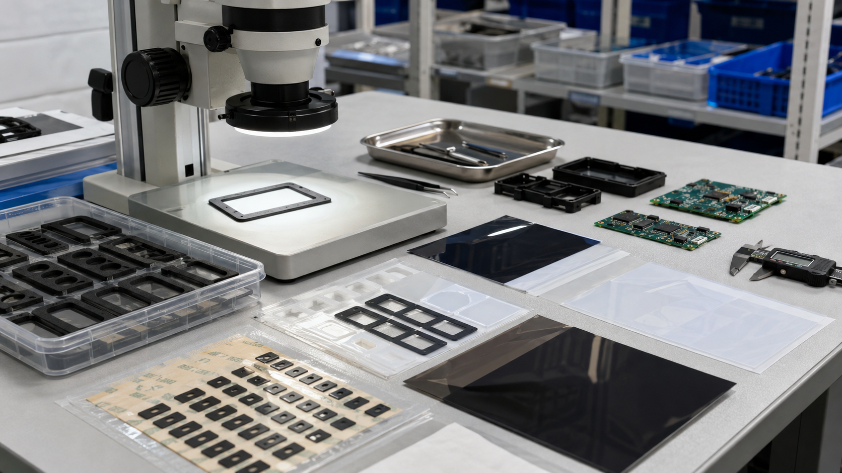 Clean factory material converting scene showing adhesive-backed EPDM foam gasket manufacturing, including EPDM foam rolls, double-sided adhesive tape, PET release liners, laminated foam sheets, kiss-cut gasket frames, pull-tab designs, waste matrix removal, flatbed die cutting tools, rotary die cutting equipment, and inspection trays