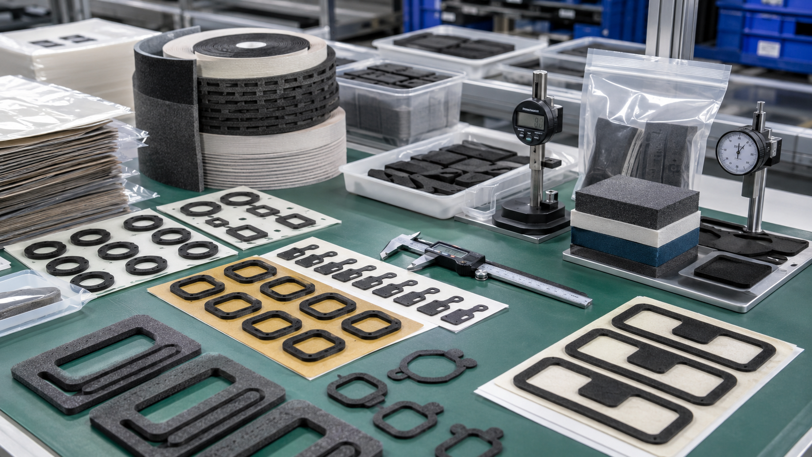 Professional OEM packaging and inspection scene showing die cut foam gaskets supplied in sheets, rolls, and kits, including kiss-cut adhesive foam gaskets on release liner, foam sealing frames, foam cushioning pads, pull-tab designs, clean trays, protective bags, calipers, thickness gauges, and compression testing blocks