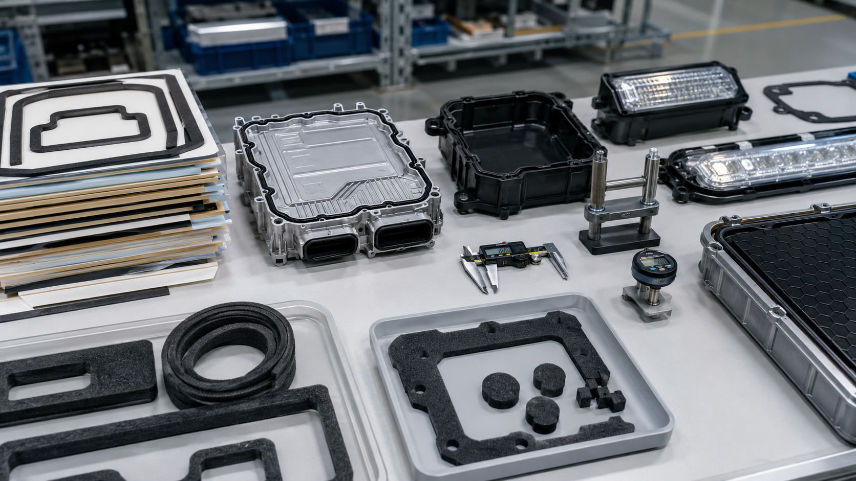 Realistic automotive waterproofing and dust sealing gasket inspection scene showing EPDM foam gaskets, rubber sealing frames, adhesive-backed foam gaskets, automotive ECU housings, lighting module samples, EV battery enclosure samples, clean trays, calipers, thickness gauges and compression testing blocks on a professional factory workbench