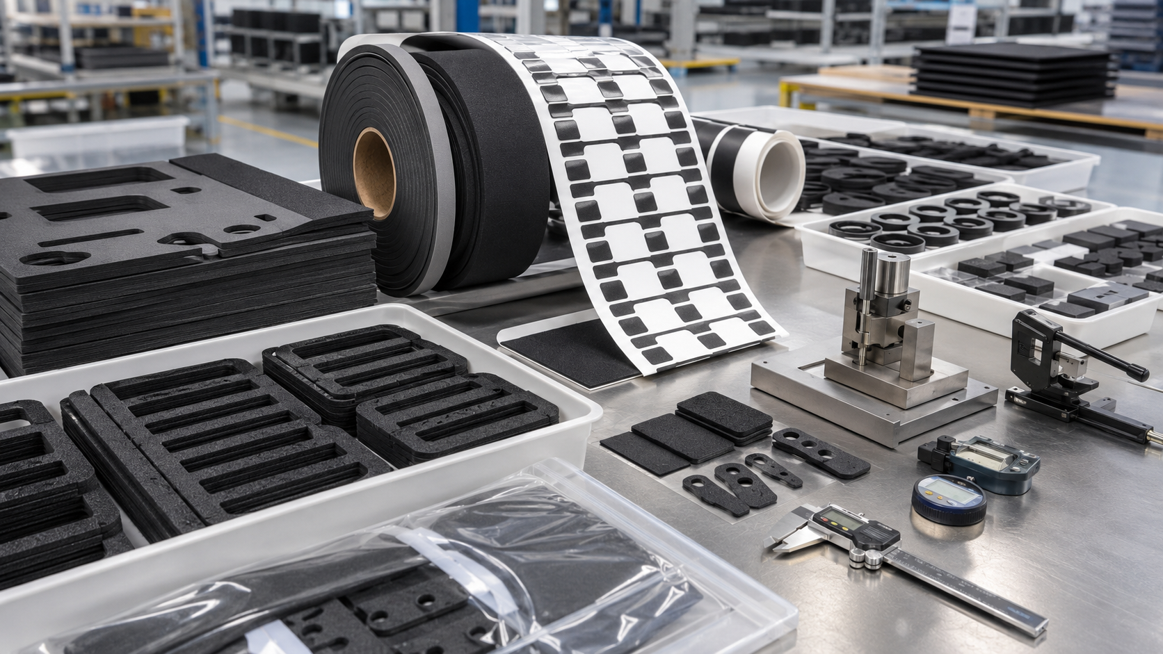 Professional OEM packaging and inspection scene showing EPDM foam die cut gaskets supplied in sheets, rolls, and kits, including adhesive-backed EPDM foam gaskets on release liner, black foam sealing frames, rubber-backed foam samples, pull-tab gasket designs, clean trays, protective bags, calipers, thickness gauges, and compression testing blocks