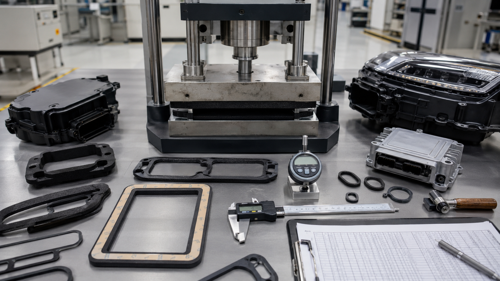 Clean factory testing scene showing automotive die cut gaskets under compression testing, including EPDM foam seals, adhesive-backed foam frames, rubber gaskets, ECU housings, lighting module housings, compression blocks, thickness gauges, digital calipers and organized inspection records without readable text