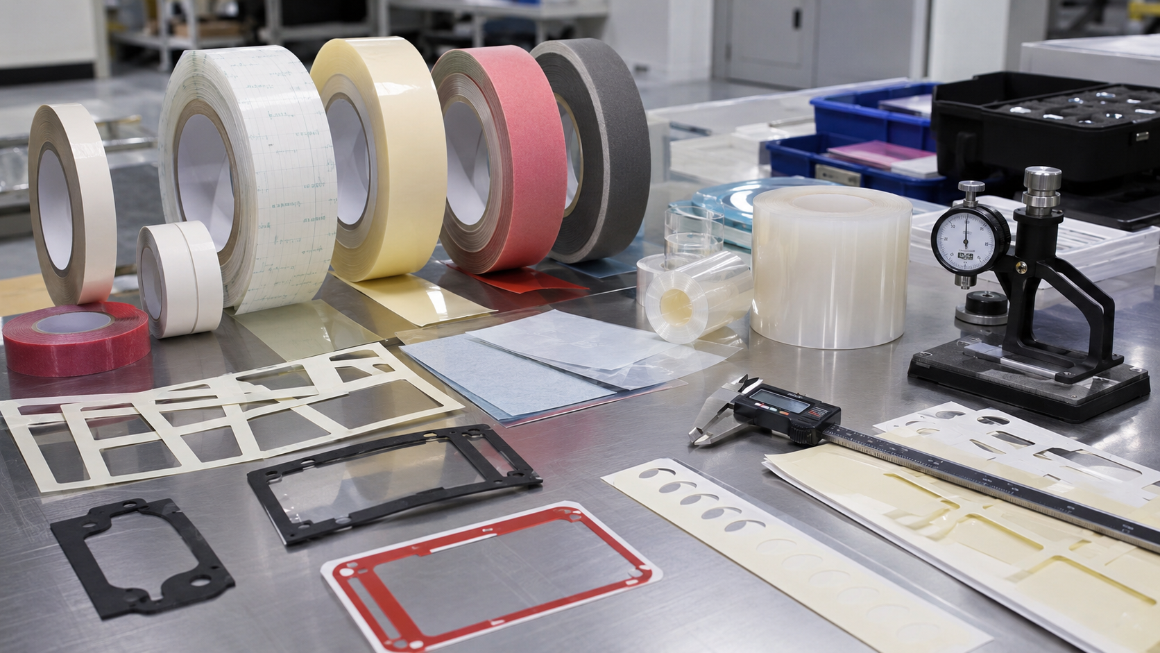 Realistic industrial workbench showing pressure sensitive adhesive tapes for die-cut parts, including double-sided tape rolls, acrylic foam tape, PET-backed adhesive tape, transfer adhesive, release liners, kiss-cut adhesive frames, foam tape gaskets, protective films, calipers, peel testing tools and clean trays in a professional factory environment