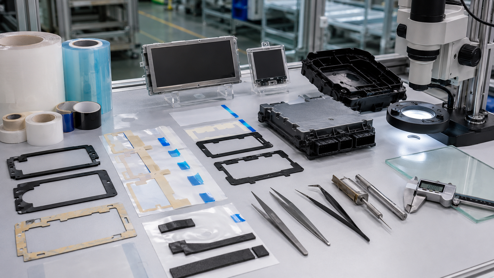 Clean factory inspection scene showing die-cut pressure sensitive adhesive tape parts for automotive electronics and optical assembly, including adhesive tape frames, PET-backed adhesive films, protective films with pull tabs, foam tape gaskets, release liners, display module samples, ECU housing samples, peel testing tools and optical inspection equipment