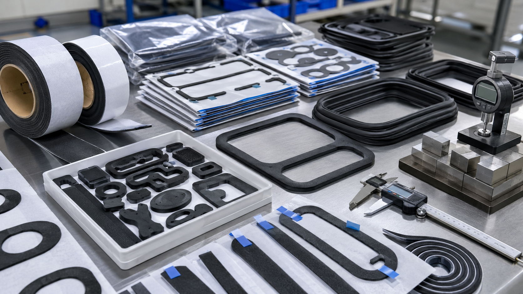 Professional OEM packaging scene showing automotive waterproofing and dust sealing gaskets supplied in sheets, rolls and kits, including kiss-cut adhesive EPDM foam gaskets on release liner, rubber sealing frames, foam gasket strips, pull-tab designs, clean trays, protective bags, calipers and thickness gauges