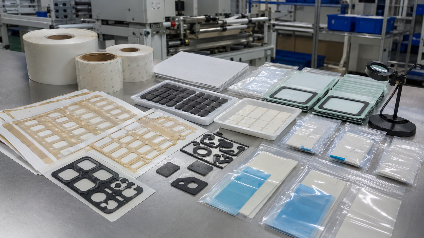 Professional OEM packaging scene showing pressure sensitive adhesive die-cut parts supplied in sheets, rolls and kits, including kiss-cut adhesive tape frames on release liner, foam tape gaskets, PET-backed adhesive parts, protective films with pull tabs, clean trays, packaging bags and inspection tools