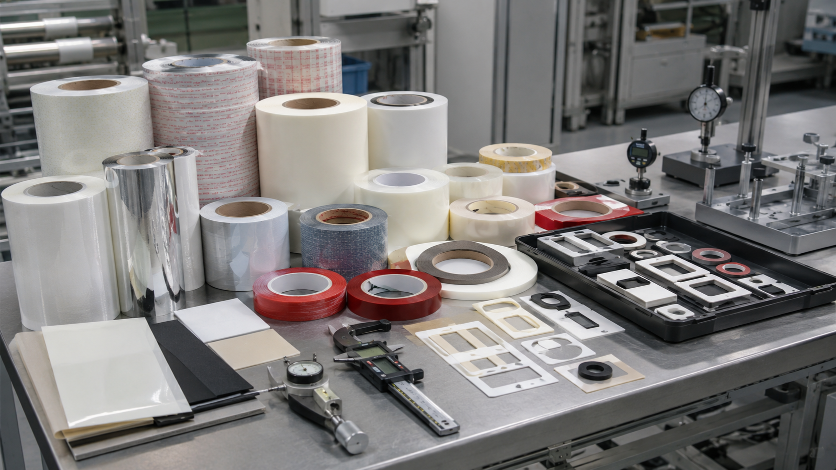 Realistic industrial workbench showing pressure sensitive adhesive tape materials for OEM applications, including double-sided tape rolls, acrylic foam tape, PET-backed adhesive tape, transfer adhesive, foam tape gaskets, protective films, release liners, kiss-cut adhesive frames, calipers, peel testing tools, thickness gauges and clean trays in a professional factory environment