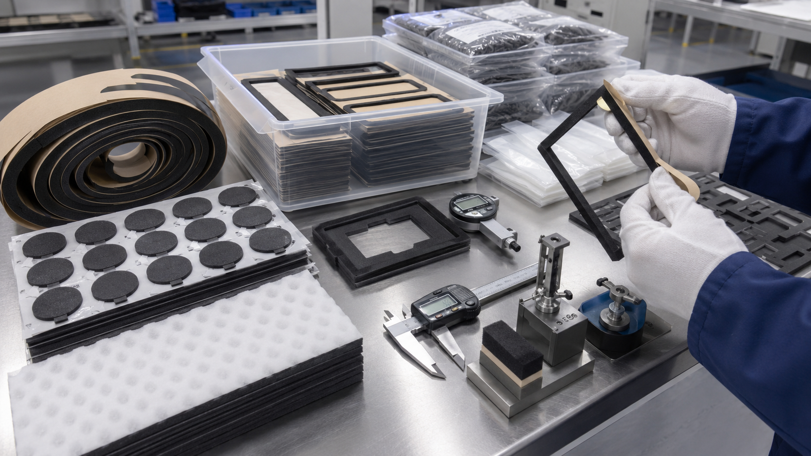 Professional OEM packaging and inspection scene showing custom adhesive foam gaskets supplied in sheets, rolls, and kits, including kiss-cut foam gaskets on release liner, adhesive foam frames, foam cushioning pads, pull-tab designs, clean trays, protective bags, calipers, thickness gauges, peel testing tools, and organized production batches