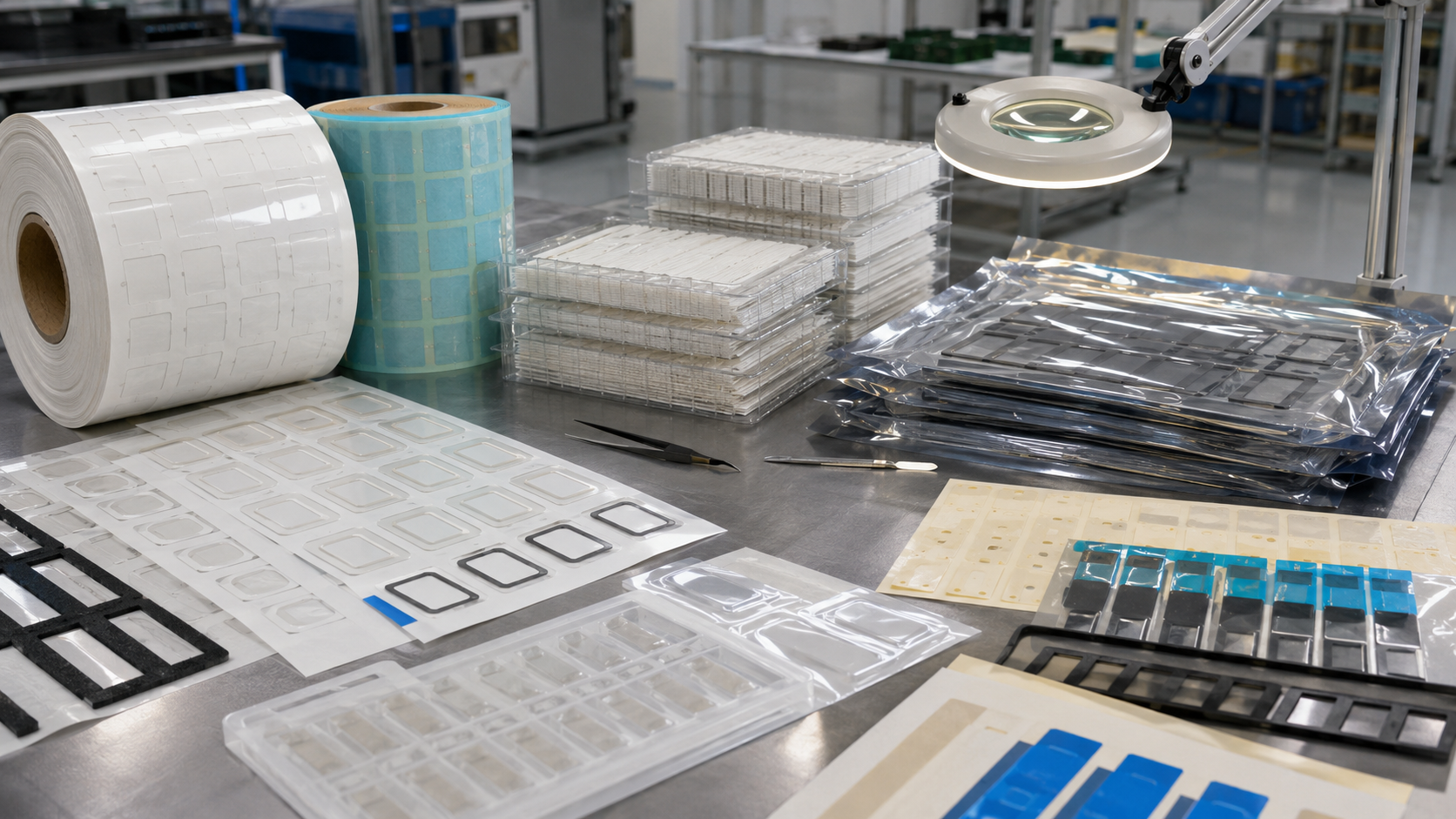 Professional OEM packaging scene showing pressure sensitive adhesive die cut parts supplied in sheets, rolls and kits, including kiss-cut adhesive tape frames on release liner, foam tape gaskets, PET-backed adhesive parts, protective films with pull tabs, clean trays, packaging bags, inspection tools and organized production batches
