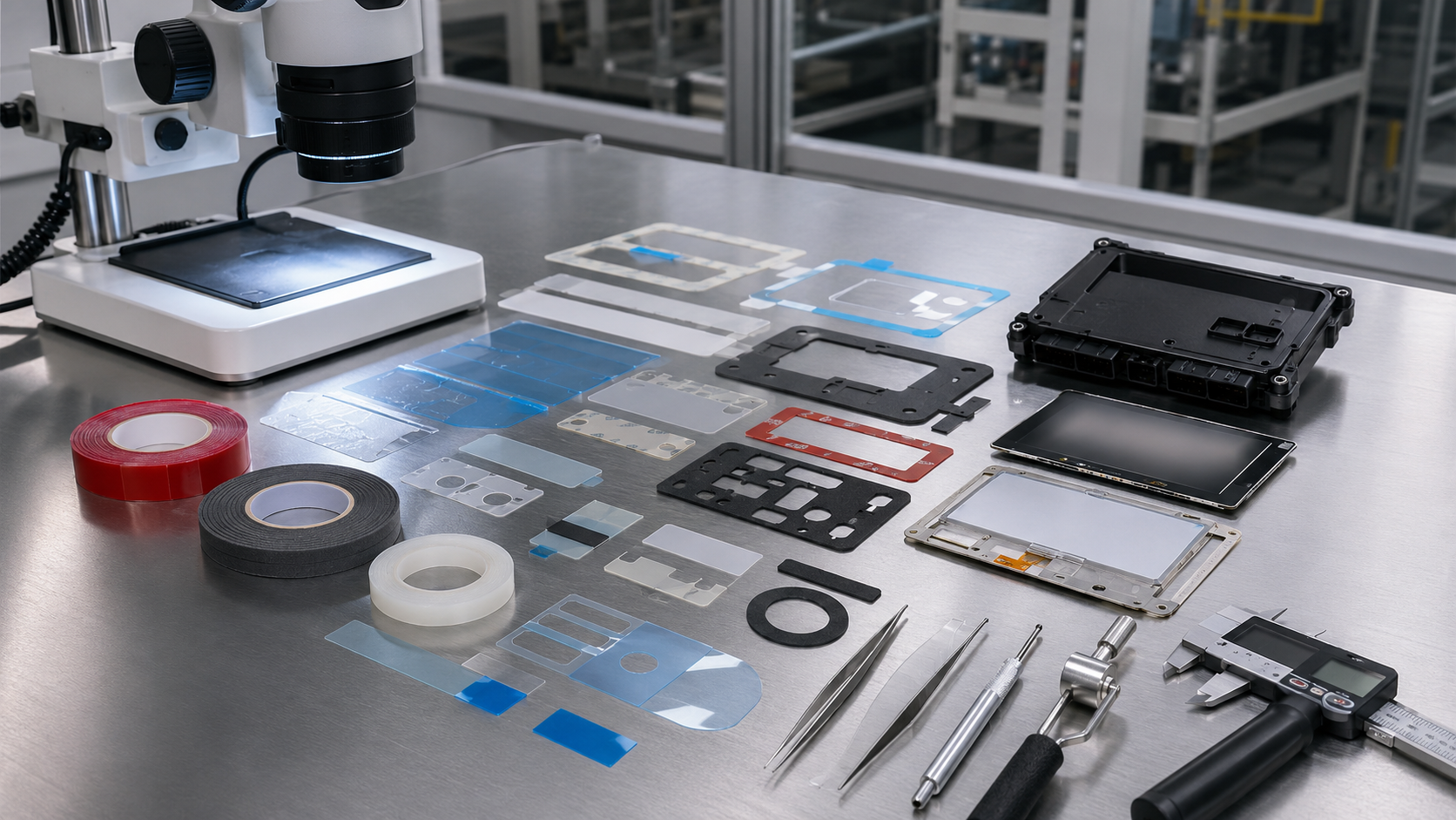 Clean factory inspection scene showing die cut pressure sensitive adhesive tape parts for OEM assembly, including double-sided adhesive tape frames, acrylic foam tape parts, PET-backed adhesive films, foam tape gaskets, protective films with pull tabs, release liners, display module samples, ECU housing samples, calipers, peel testing tools and optical inspection equipment