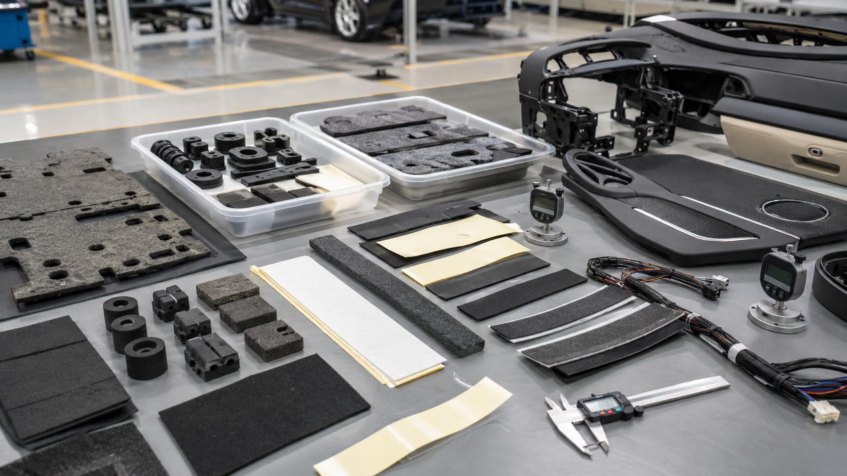 Realistic automotive NVH material inspection scene showing die cut non-woven felt pads, foam anti-rattle pads, rubber vibration damping parts, adhesive-backed foam strips, automotive interior trim samples, dashboard components, door panel samples, wire harness sections, clean trays, calipers and thickness gauges on a professional factory workbench