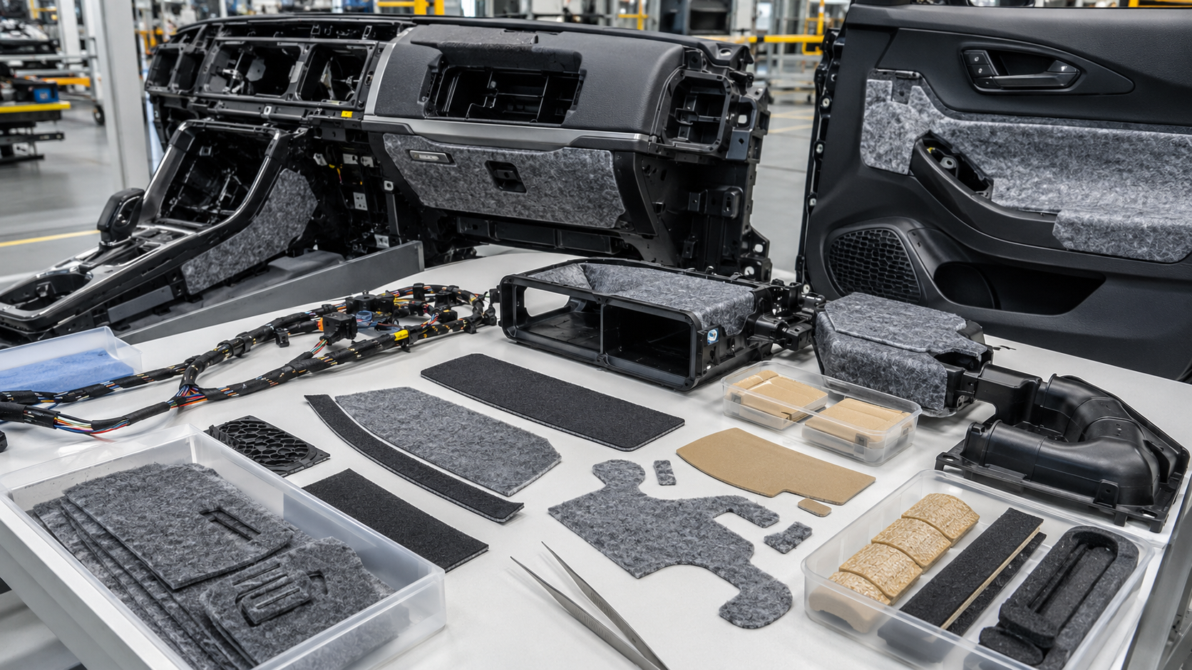 Clean automotive interior assembly scene showing die cut NVH parts installed near dashboard trim, door panels, center console parts, wire harnesses, HVAC duct samples and speaker housings, including non-woven felt pads, foam strips, adhesive-backed cushioning pads and rubber damping parts, no text, no labels, no logos