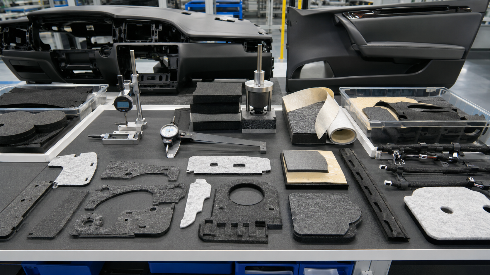 Professional automotive OEM quality inspection scene showing die cut NVH parts made from non-woven felt, foam, rubber and adhesive-backed laminated materials, with dashboard samples, door trim samples, wire harness parts, compression testing blocks, peel testing tools, calipers, thickness gauges and clean packaging trays