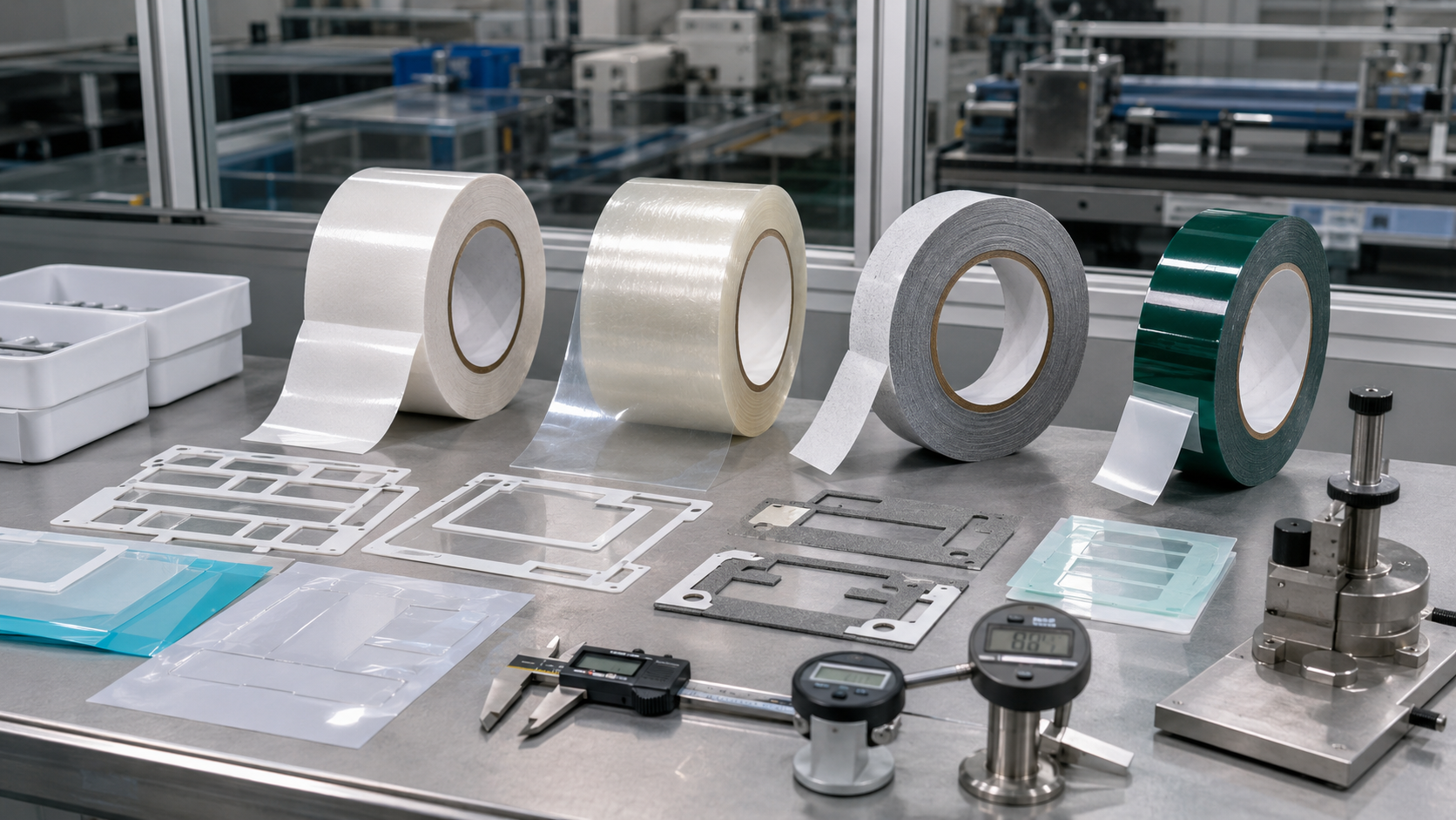 Realistic industrial workbench showing four types of pressure sensitive adhesive tapes for custom die-cut components, including double-sided tape rolls, transfer adhesive film, acrylic foam tape, PET-backed adhesive tape, release liners, kiss-cut adhesive frames, foam tape gaskets, protective films, digital calipers, peel testing tools, and clean trays in a professional factory environment