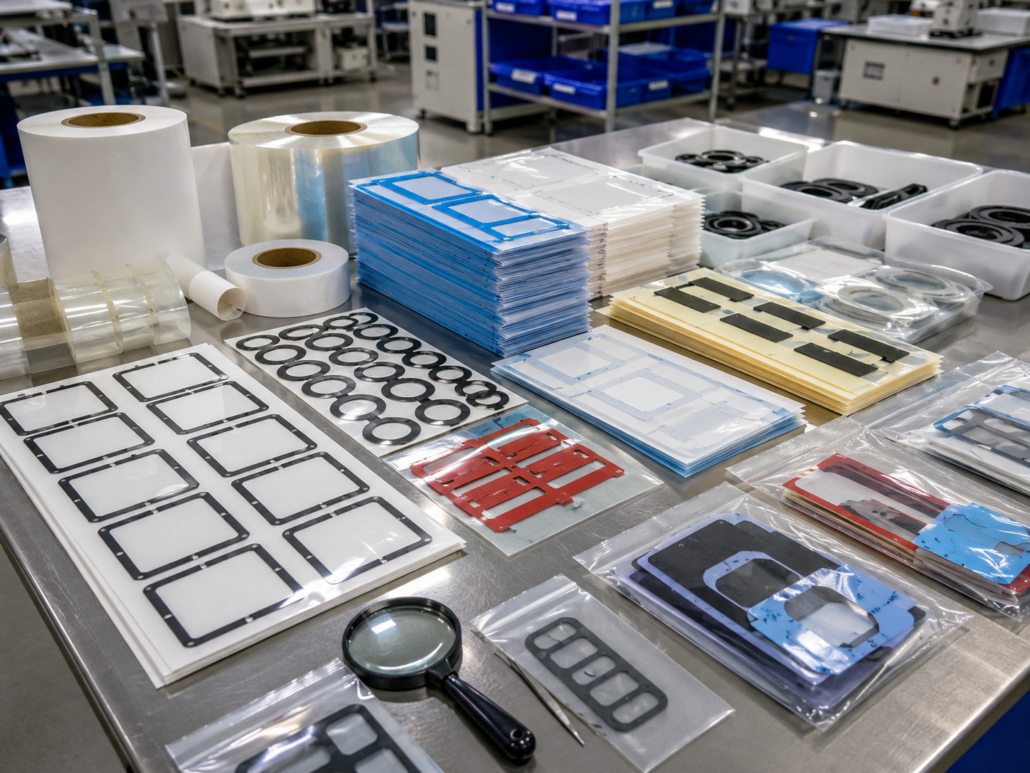 Professional OEM packaging scene showing custom die-cut pressure sensitive adhesive tape components supplied in sheets, rolls, and kits, including double-sided tape frames, transfer adhesive parts, foam tape gaskets, PET-backed adhesive films, protective films with pull tabs, clean trays, release liners, packaging bags, and inspection tools