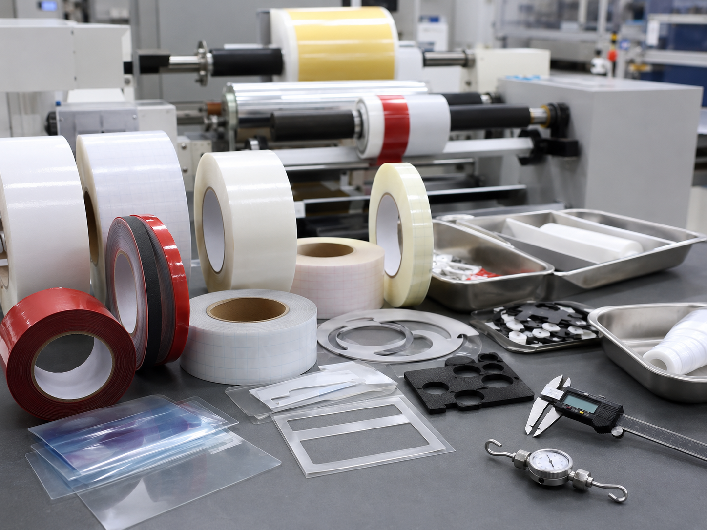 Realistic industrial adhesive tape converting scene showing double-sided tape rolls, acrylic foam tape, PET-backed adhesive tape, transfer adhesive film, release liners, kiss-cut adhesive frames, foam tape gaskets, protective films, slitting tools, die cutting tools, calipers, peel testing tools, and clean trays in a professional factory environment