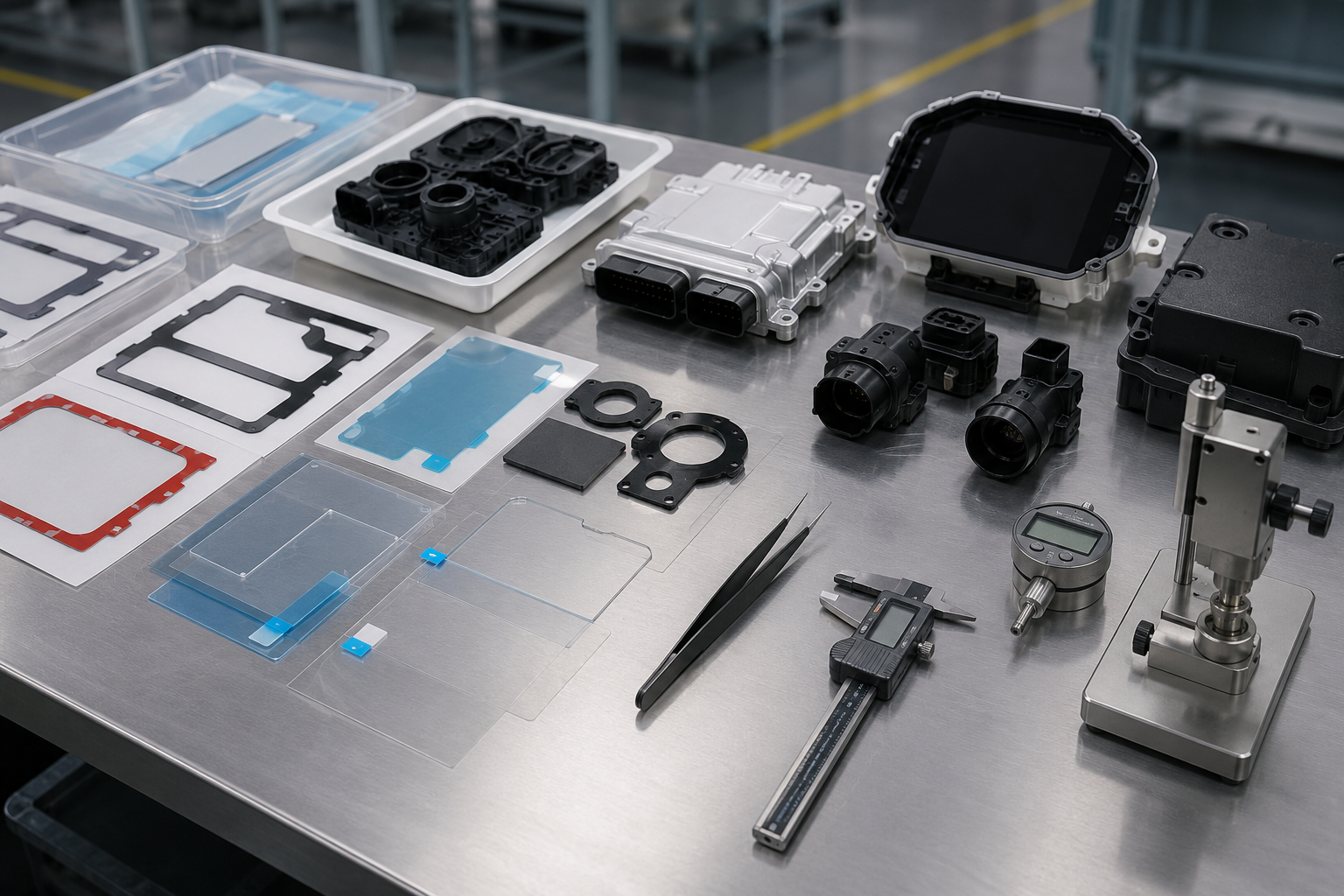 Clean automotive OEM inspection scene showing converted adhesive tape parts including double-sided adhesive frames, acrylic foam tape gaskets, PET-backed adhesive films, protective films with pull tabs, ECU housing samples, display module samples, sensor housings, clean trays, calipers, thickness gauges, and peel testing tools