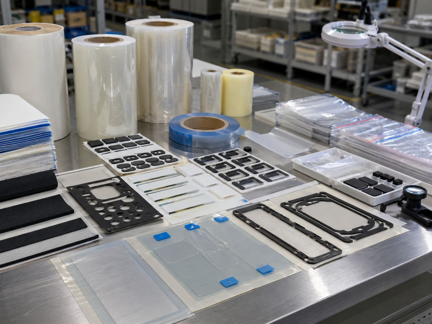 Professional OEM packaging scene showing converted adhesive tape components supplied in sheets, rolls, and kits, including kiss-cut tape frames on release liner, foam tape gaskets, PET-backed adhesive films, protective films with pull tabs, transfer adhesive parts, clean trays, packaging bags, and inspection tools
