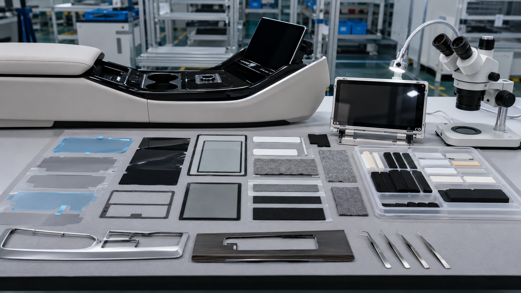 Clean EV center console and display module assembly scene showing die cut protective films, black light-blocking films, adhesive tape frames, PET insulation films, foam spacers, non-woven felt pads, touch panel samples, decorative trim parts, tweezers, clean trays and optical inspection tools in a professional factory setting