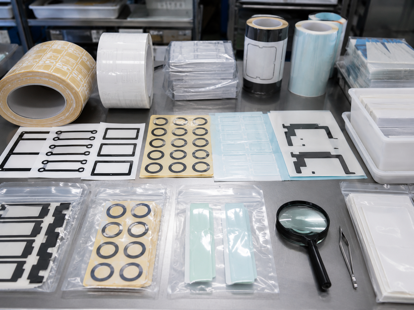 Professional OEM packaging scene showing converted 3M-style adhesive tape components supplied in sheets, rolls and kits, including kiss-cut tape frames on release liner, foam tape gaskets, PET-backed adhesive parts, protective films with pull tabs, transfer adhesive parts, clean trays, packaging bags and inspection tools