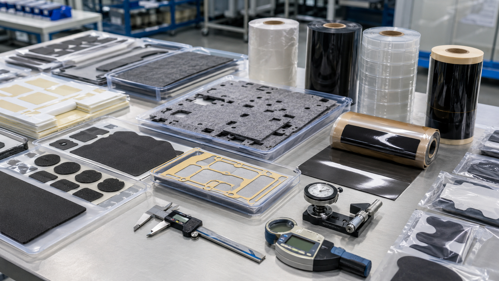 Professional EV interior die cut parts packaging scene showing foam pads, non-woven felt NVH components, adhesive tape frames, PET films, protective films, rubber pads and black light-blocking films supplied in sheets, rolls and kits with release liners, clean trays, packaging bags, calipers and inspection tools