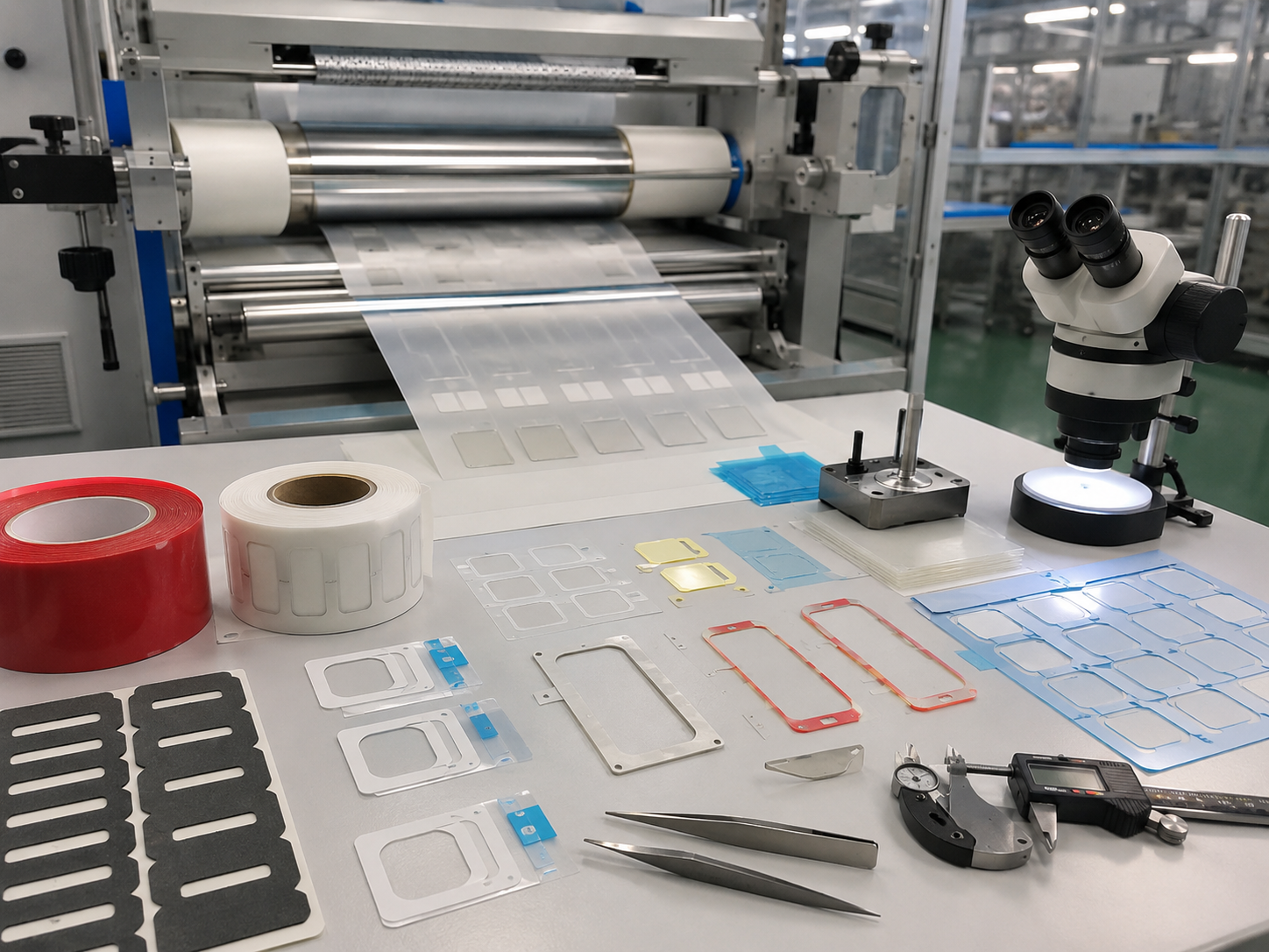 Clean factory tape converting scene showing 3M-style adhesive tape parts being laminated and kiss-cut, including double-sided tape frames, transfer adhesive parts, PET-backed adhesive films, foam tape gaskets, release liners, waste matrix removal, pull-tab designs, tweezers, calipers and optical inspection tools