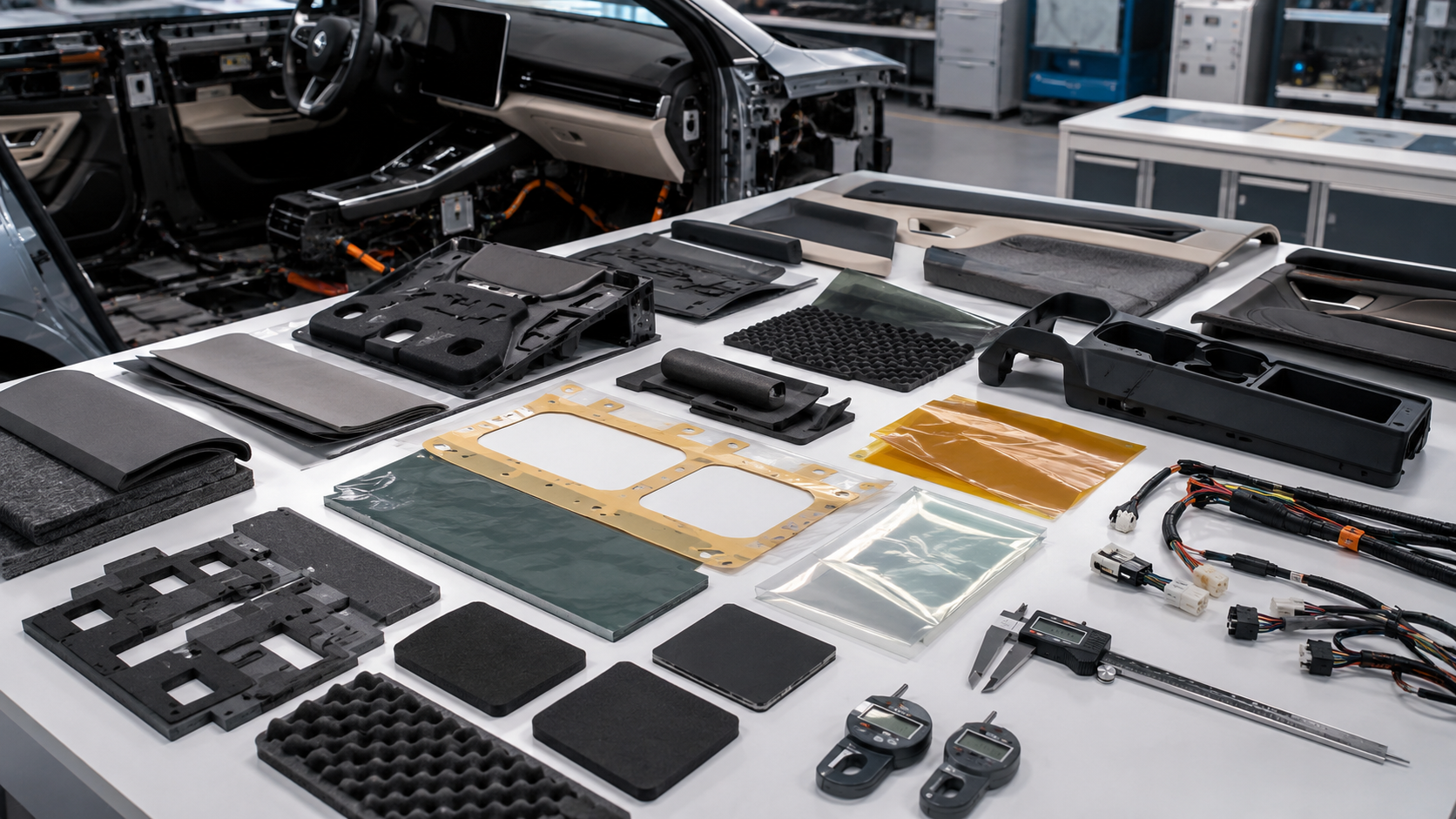 Realistic electric vehicle interior component selection scene showing die cut foam pads, non-woven felt NVH parts, adhesive tape frames, PET insulation films, protective films, rubber cushioning pads, dashboard trim samples, center console parts, door panel samples, wire harness sections, calipers and clean trays on a professional automotive engineering workbench