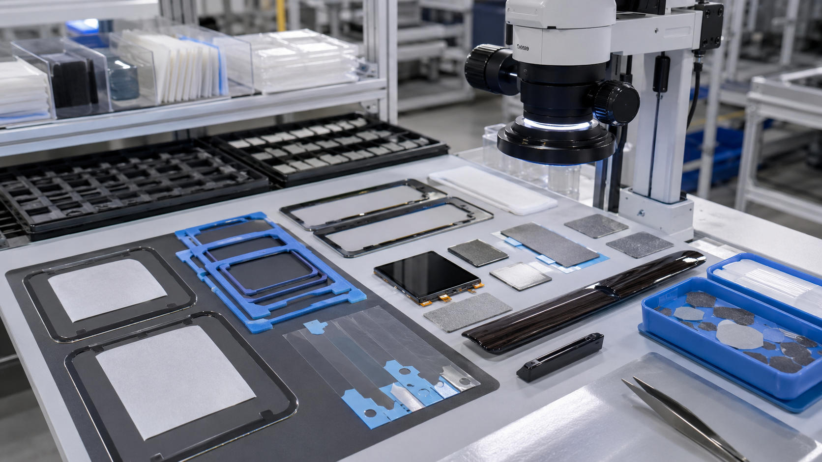 Clean EV interior adhesive component inspection scene showing double-sided tape frames, adhesive foam pads, non-woven felt pads with PSA backing, protective films with pull tabs, PET-backed adhesive parts, decorative trim samples, display module samples, tweezers, release liners and optical inspection tools