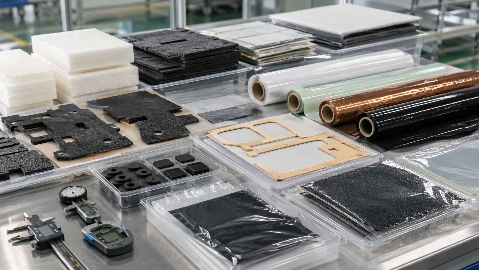Professional EV interior die cut component packaging scene showing foam pads, non-woven felt NVH parts, adhesive tape frames, protective films, PET insulation films, rubber pads and black films supplied in sheets, rolls and kits with clean trays, release liners, protective bags, calipers and inspection tools