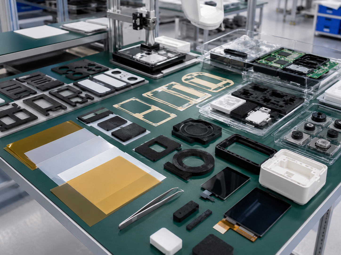 Clean electronic product assembly scene showing die cut foam gaskets, foam spacers, cushioning pads, speaker foam seals, PET films, PI insulation films, adhesive tape frames, display module samples, PCB housings, sensor parts, tweezers, clean trays, and inspection fixtures