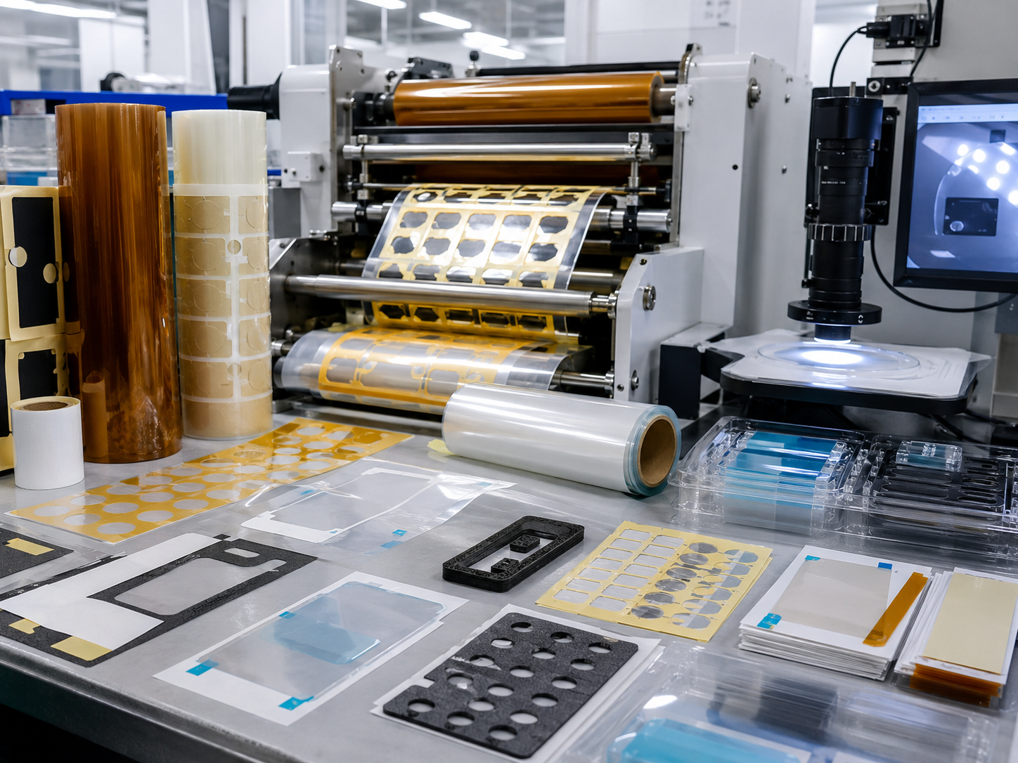 Professional electronics die cutting and material converting scene showing roll-to-roll adhesive film processing, PET and PI insulation films, protective films with pull tabs, kiss-cut adhesive tape frames, foam gaskets, waste matrix removal, release liners, optical inspection equipment, and clean packaging trays
