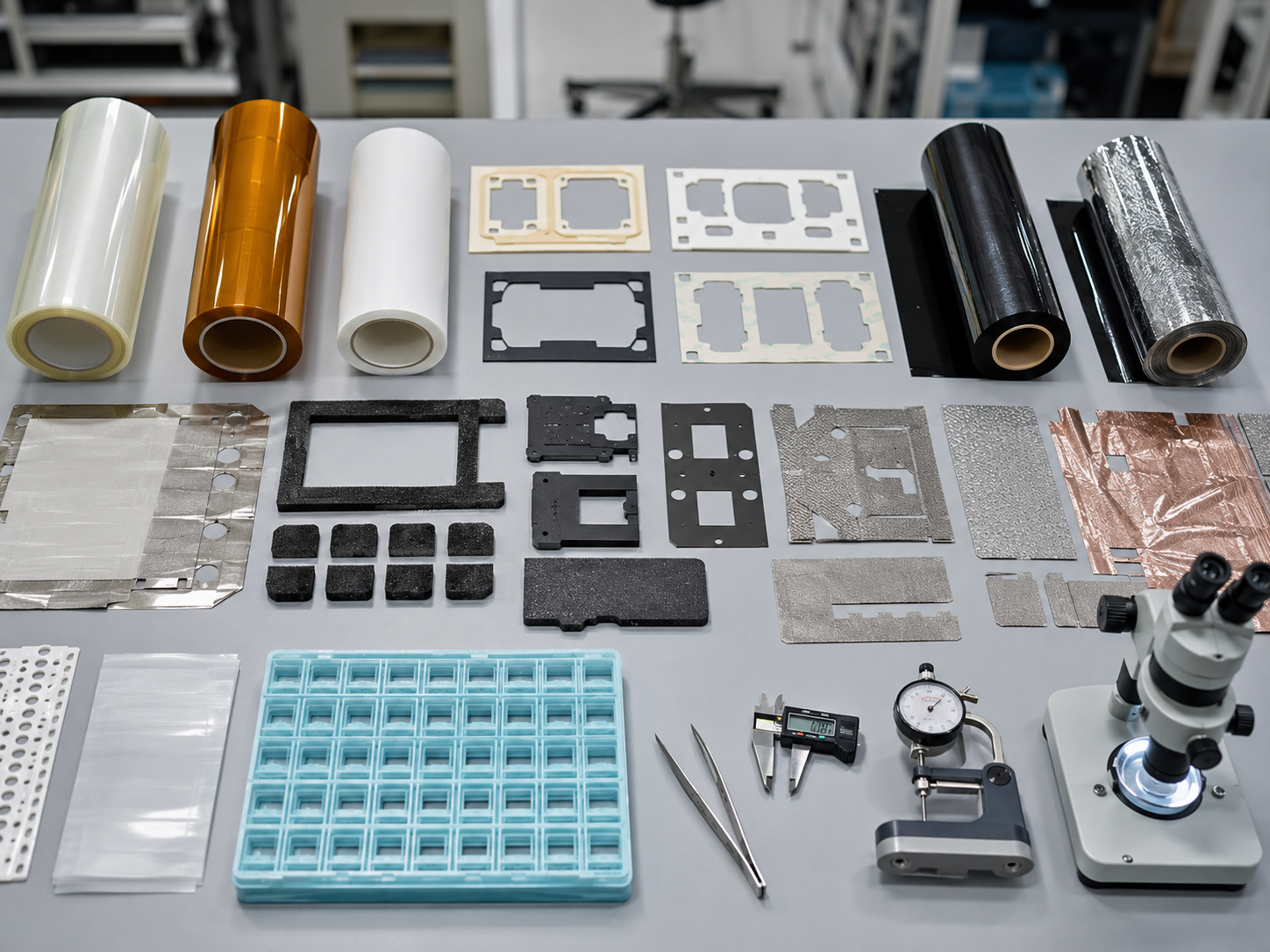 Realistic consumer electronics die cut materials overview showing PET insulation films, amber PI films, protective films, double-sided adhesive tape frames, foam gaskets, foam spacers, black light-blocking films, EMI shielding materials, release liners, clean trays, tweezers, calipers, thickness gauges, and optical inspection tools on a clean factory workbench