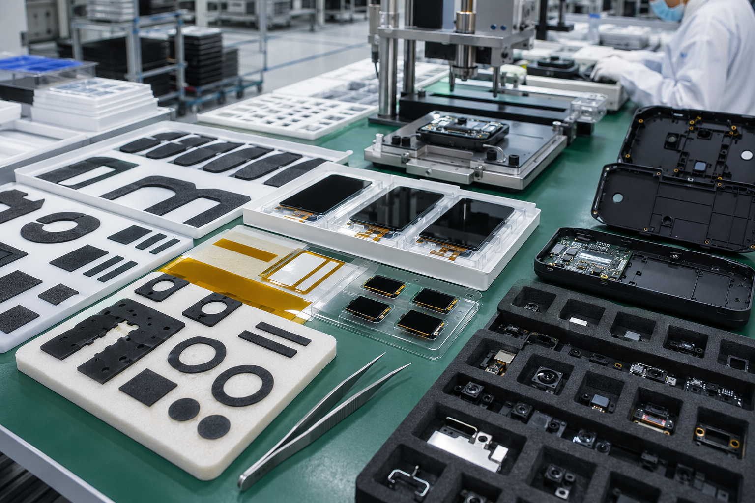 Clean consumer electronics assembly scene showing die cut foam gaskets, foam spacers, cushioning pads, speaker foam seals, PET films, PI insulation films, adhesive tape frames, display module samples, PCB housings, sensor parts, plastic enclosures, tweezers, clean trays, and inspection fixtures