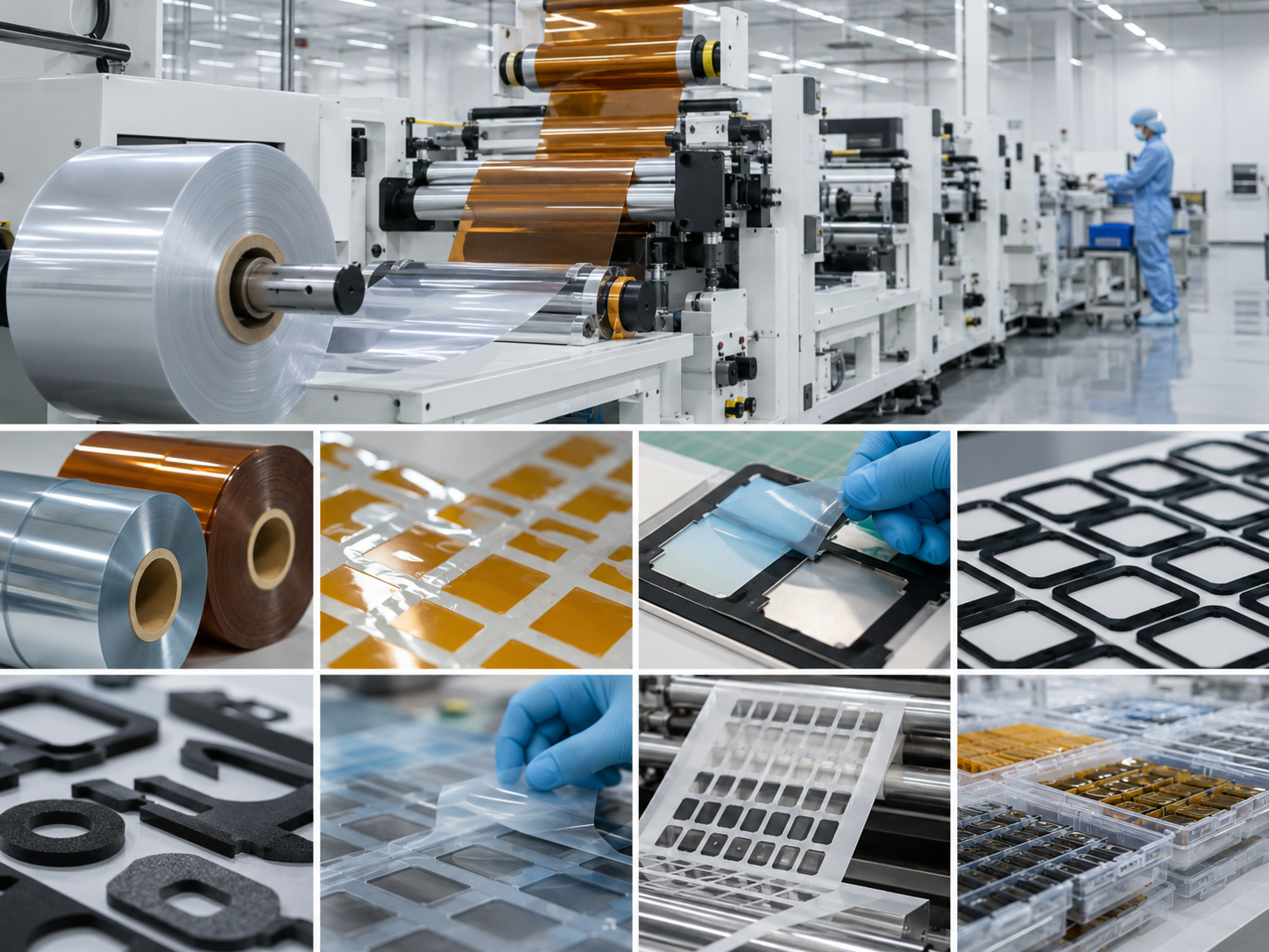 Professional electronics die cutting and material converting scene showing roll-to-roll adhesive film processing, PET and PI insulation films, protective films with pull tabs, kiss-cut adhesive tape frames, foam gaskets, waste matrix removal, release liners, optical inspection equipment, clean packaging trays, and organized production batches