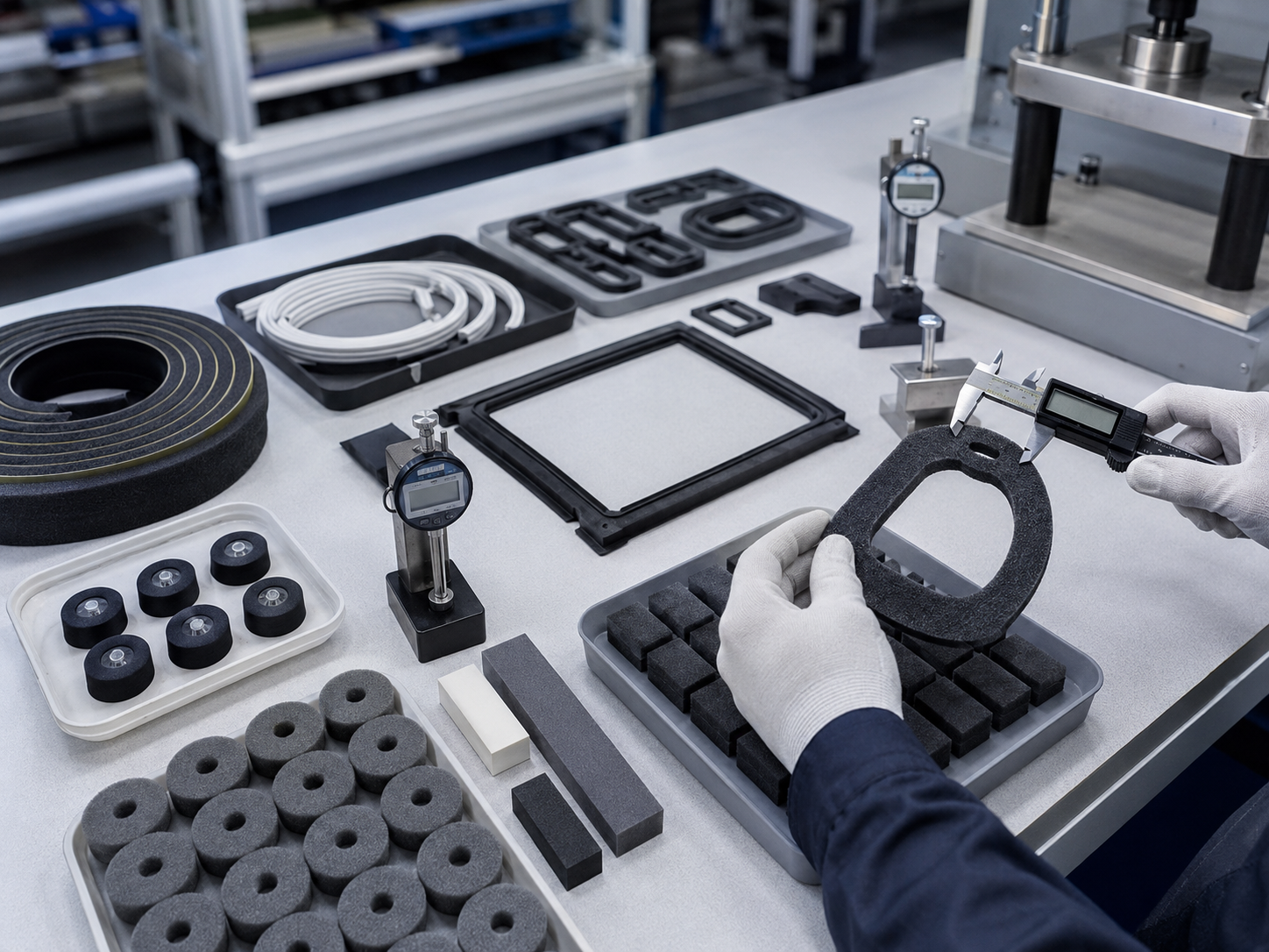 Clean appliance die cut gasket and vibration control inspection scene showing foam seals, EPDM rubber gaskets, silicone rubber pads, washing machine damping pads, refrigerator sealing strips, air conditioner foam gaskets, compression testing blocks, digital calipers, thickness gauges, and organized OEM production trays